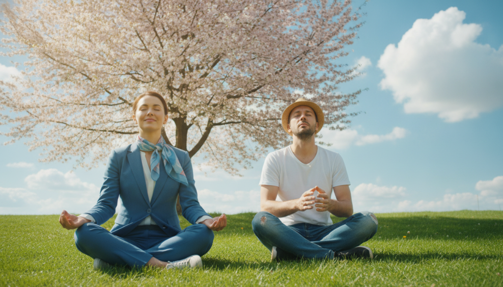 A serene and uplifting scene of a diverse group of individuals engaged in a positive visualization exercise outdoors. In the foreground, a woman in professional attire sits cross-legged on a grassy area, eyes closed, with a calm expression, radiating confidence and clarity. Beside her, a man in modest casual clothing gazes upward, as if visualizing his future goals. In the middle ground, a large tree with blooming flowers provides shade, enhancing the sense of tranquility. The background features a bright blue sky dotted with fluffy white clouds, signifying hope and inspiration. Soft sunlight filters through the leaves, creating a warm glow that adds to the peaceful atmosphere. The image conveys motivation, focus, and a sense of community in achieving dreams.