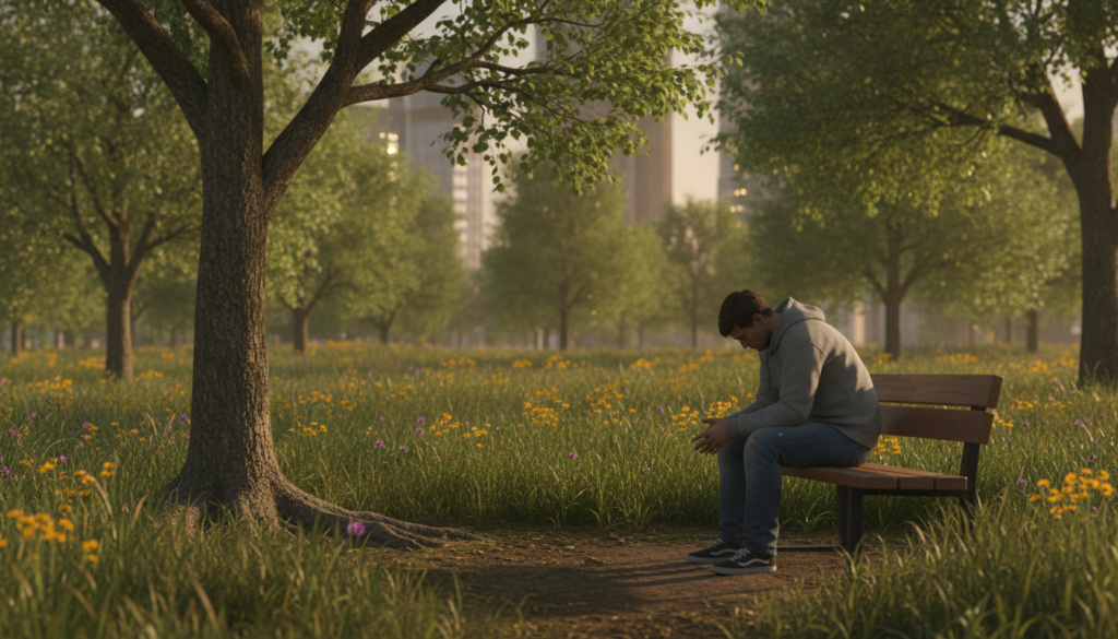 A serene, contemplative scene depicting the theme of social isolation and emotional resilience. In the foreground, a person in modest casual clothing sits alone on a park bench, gazing pensively at the ground, embodying a moment of reflection. In the middle ground, a variety of trees and soft grass create a calming, natural environment, symbolizing growth and renewal. The background features a soft-focus city skyline, hinting at the outside world, yet emphasizing the distance from it. The overall lighting is warm and golden, suggesting a late afternoon sun, casting gentle shadows that enhance the mood of solitude intertwined with hope. The atmosphere should evoke a sense of peaceful introspection while conveying the journey towards reconnecting with oneself and others.
