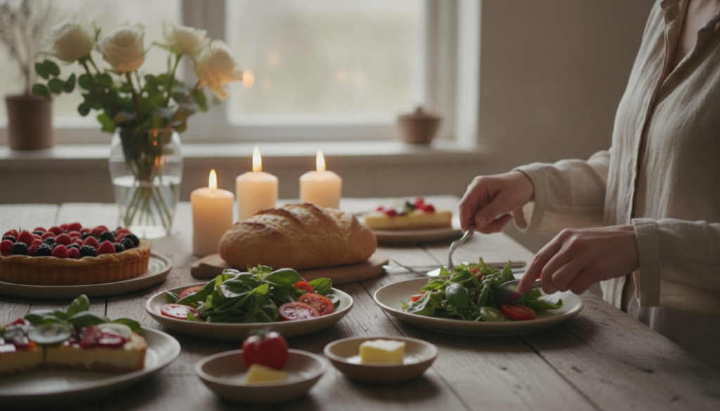 A serene dining scene set in a cozy, softly lit indoor environment, emphasizing the beauty of slow meals. In the foreground, a rustic wooden table is adorned with an array of vibrant, lovingly prepared dishes: a colorful salad with fresh greens, sliced ripe tomatoes, and herbs; warm, crusty bread with butter; and a delicate fruit tart. A pair of hands, casually dressed in light-colored clothing, gently serve food onto a plate, showcasing mindfulness in the act of eating. In the middle ground, soft candlelight flickers, creating a warm atmosphere, while a vase of fresh flowers adds a touch of elegance. In the background, a window lets in gentle, diffused sunlight, illuminating the scene and evoking a feeling of tranquility and contentment. The overall mood is relaxed, inviting, and reflective of the joy found in savoring meals without rush.