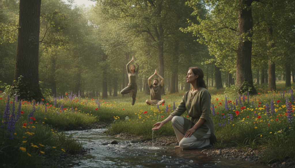 A serene forest scene illustrating "connection with nature," featuring a diverse group of individuals engaging in peaceful outdoor activities. In the foreground, a woman with modest casual clothing kneels beside a small stream, gently touching the water. In the middle ground, a man and a woman are practicing yoga on a grassy patch, surrounded by vibrant wildflowers. The background showcases tall, lush trees with sunlight filtering through the leaves, creating a dappled effect on the forest floor. The atmosphere is tranquil and reflective, with soft, warm lighting that enhances the natural colors of green and brown. Capture this moment from a slightly elevated angle to encompass the harmony of nature and human presence without any distractions or text.