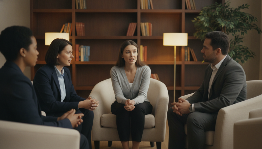 A serene indoor setting featuring a cozy support group. In the foreground, a diverse group of three individuals—two women and one man—sitting in a circle, engaged in supportive conversation. They're dressed in professional business attire, conveying a sense of trust and openness. The middle section shows warm, inviting colors with soft lighting that casts a gentle glow on the scene, enhancing the feeling of comfort. Behind them, a softly blurred bookshelf filled with self-help books, and a plant in the corner adds a touch of nature. The atmosphere is calm and nurturing, encouraging emotional support and understanding. Use a soft-focus lens to capture the intimate mood, emphasizing connection and warmth without distractions.
