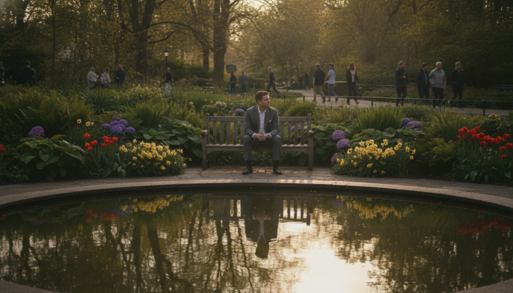 A serene, introspective setting depicting a person sitting on a park bench, looking thoughtfully at their reflection in a calm pond. In the foreground, capture the individual, dressed in professional attire, with an expression of contemplation. In the middle, showcase lush greenery and vibrant flowers surrounding the bench, symbolizing personal growth and the beauty of self-acceptance. In the background, include blurred silhouettes of people engaged in various activities, representing social comparison in a subtle manner. The scene should be illuminated with warm, soft evening light, creating an inviting atmosphere. Use a wide-angle lens perspective to emphasize both the individual’s solitude and the bustling environment around them, conveying the emotional triggers of social comparison while promoting a sense of peace and reflection.