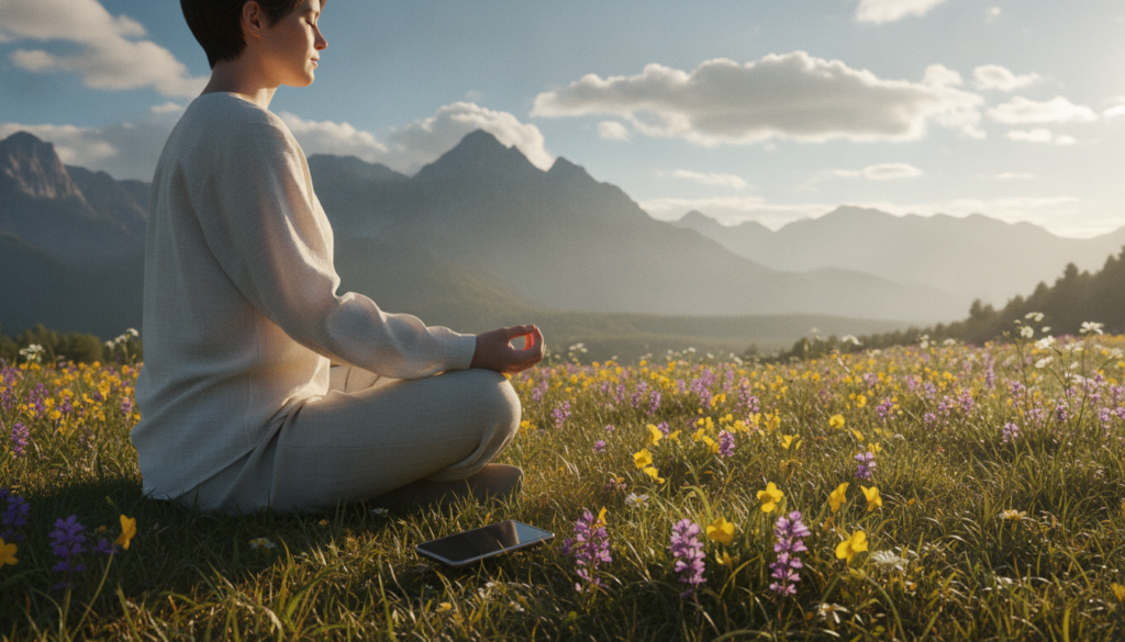 A serene landscape embodying "inner silence and digital disconnection." In the foreground, a peaceful figure meditating on a grassy hill, dressed in modest casual attire, with their smartphone resting face down beside them, symbolizing disconnection. In the middle, vibrant wildflowers sway gently with a soft breeze, illustrating tranquility. The background features a clear blue sky with fluffy white clouds, and distant mountains, creating a sense of escape from the chaos of daily life. The lighting is soft, with warm morning sunlight illuminating the scene, adding a calm and hopeful atmosphere. The overall mood is peaceful, encouraging a sense of mindfulness and relief from mental overload. No text or distractions should be present.
