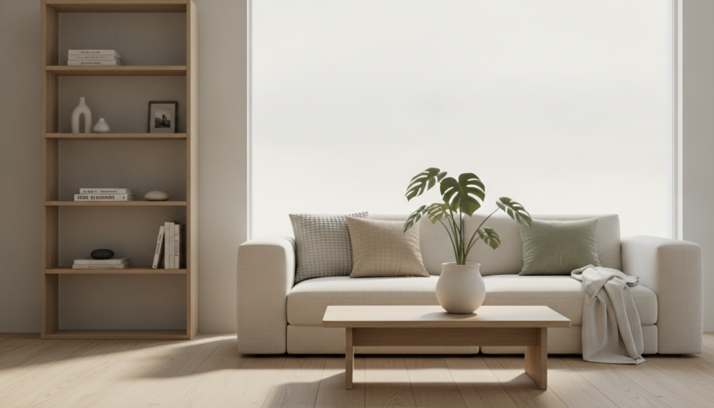 A serene, minimalist living space with a soft, neutral color palette. In the foreground, a wooden coffee table holds a single, elegant plant in a simple ceramic pot, emphasizing simplicity. In the middle, there’s a cozy sofa adorned with a few textured pillows, creating a warm atmosphere. To one side, a stacked bookshelf is organized with a few select books and decorative items, showcasing a clutter-free environment. The background features a large window letting in gentle, natural light, illuminating the space and creating soft shadows. The overall mood is calm and inviting, embodying the essence of simplicity and mindful living, highlighting the beauty of fewer possessions and commitments.