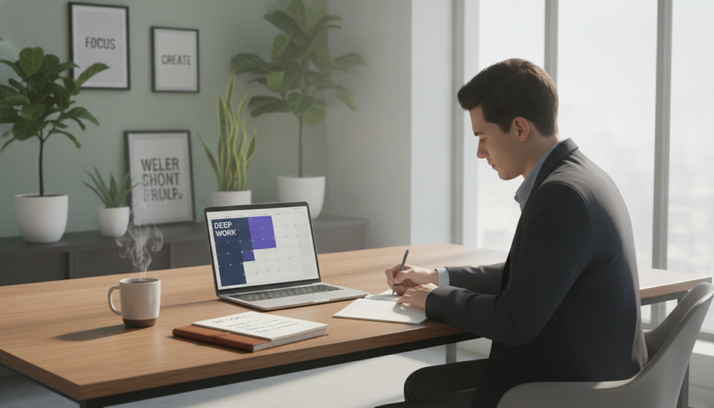 A serene, modern workspace featuring a large wooden desk with a sleek laptop displaying a calendar filled with deep work time blocks. In the foreground, a cup of steaming coffee sits next to a notepad with neatly written goals. The middle ground depicts a focused young professional in business attire, intently writing and planning, illuminated by soft, natural light filtering through a large window. The background showcases a minimalist decor with indoor plants and motivational artwork on the walls, creating an atmosphere of productivity and concentration. The overall mood is calm and inspirational, emphasizing the importance of structured time management and deep focus in work. A serene, modern workspace featuring a large wooden desk with a sleek laptop displaying a calendar filled with deep work time blocks. In the foreground, a cup of steaming coffee sits next to a notepad with neatly written goals. The middle ground depicts a focused young professional in business attire, intently writing and planning, illuminated by soft, natural light filtering through a large window. The background showcases a minimalist decor with indoor plants and motivational artwork on the walls, creating an atmosphere of productivity and concentration. The overall mood is calm and inspirational, emphasizing the importance of structured time management and deep focus in work.