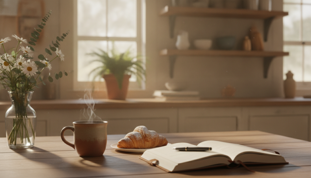 A serene morning scene capturing the essence of "morning rituals" in a cozy, sunlit kitchen. In the foreground, a wooden table is set with a steaming cup of herbal tea, a fresh pastry, and an open notebook with a pen, inviting contemplation. In the middle ground, soft light filters through a window, illuminating a potted plant and a vase of fresh flowers, adding a touch of nature. In the background, shelves lined with books and calming decor create an atmosphere of peacefulness and intentionality. The overall mood is tranquil and reflective, evoking a sense of mindfulness and slow living. Use soft, warm lighting, and a slightly blurred background to emphasize the inviting details in the foreground.