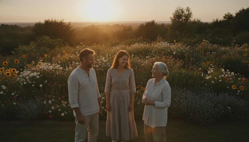 A serene, natural setting that encapsulates well-being and life satisfaction. In the foreground, a diverse group of three individuals, including a middle-aged man, a young woman, and an elderly person, all dressed in modest casual clothing, share smiles while engaging in a gentle conversation or laughter. The middle layer features a vibrant garden, filled with blooming flowers and lush greenery, symbolizing growth and positivity. In the background, a soft, glowing sunset casts warm golden light, enhancing the peaceful atmosphere. The image should be captured from a slightly elevated angle, creating a sense of inclusivity and connection among the individuals. Overall, the mood is uplifting and harmonious, inviting feelings of gratitude and happiness.