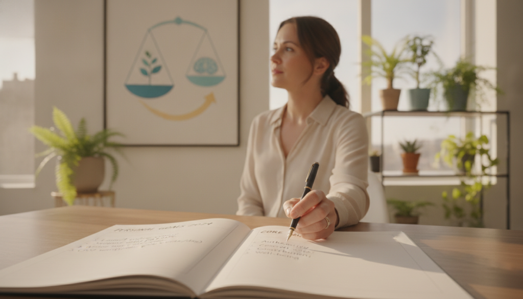 A serene office environment depicting a professional woman sitting at a stylish desk, focused on writing down her personal goals aligned with her core values. In the foreground, a close-up of a notebook filled with neatly written goals and value statements. The middle ground features the woman looking thoughtfully at a motivational poster on the wall, symbolizing balance and personal growth. The background is softly lit with warm sunlight filtering through a large window filled with green plants, creating an inviting atmosphere. The scene conveys a sense of clarity, purpose, and inspiration, captured with a shallow depth of field using a 50mm lens for a gentle bokeh effect, enhancing the focus on her goal-setting process.