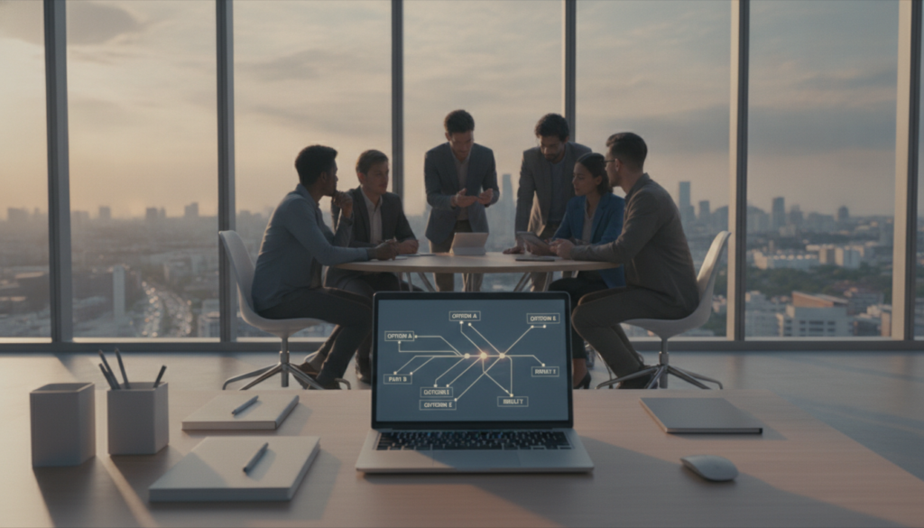 A serene office environment that illustrates the concept of choices influencing behavior. In the foreground, a sleek, modern desk with an organized arrangement of minimalist stationery and a laptop showing a visualization of choices. In the middle ground, a group of diverse individuals in professional attire engaging in a collaborative discussion, highlighting teamwork and decision-making. The background features large windows with natural light flooding in, showcasing a vibrant city skyline that symbolizes opportunities. Use soft, warm lighting to create an inviting atmosphere. The lens should capture a wide angle to include the entire room, emphasizing openness and clarity. The overall mood is motivational and focused, reflecting the power of environment over willpower.