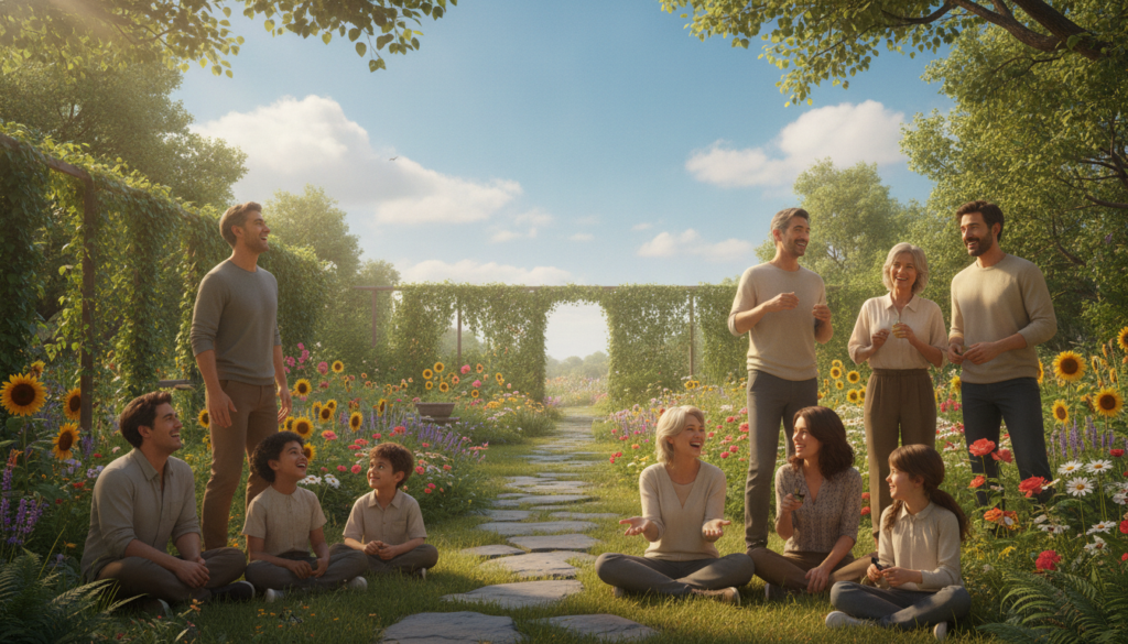 A serene outdoor scene capturing the essence of positive emotions. In the foreground, a diverse group of people dressed in casual, modest attire are engaged in joyful activities, such as laughing, sharing stories, and enjoying nature. The middle ground features a tranquil garden filled with vibrant flowers and lush greenery, symbolizing growth and gratitude. The background includes a bright blue sky with fluffy white clouds, evoking a sense of peace and optimism. Soft, warm sunlight filters through the leaves, illuminating the scene and creating a glowing atmosphere. The overall mood is uplifting and harmonious, conveying a sense of connection and positivity, with an emphasis on emotional well-being and mindfulness.