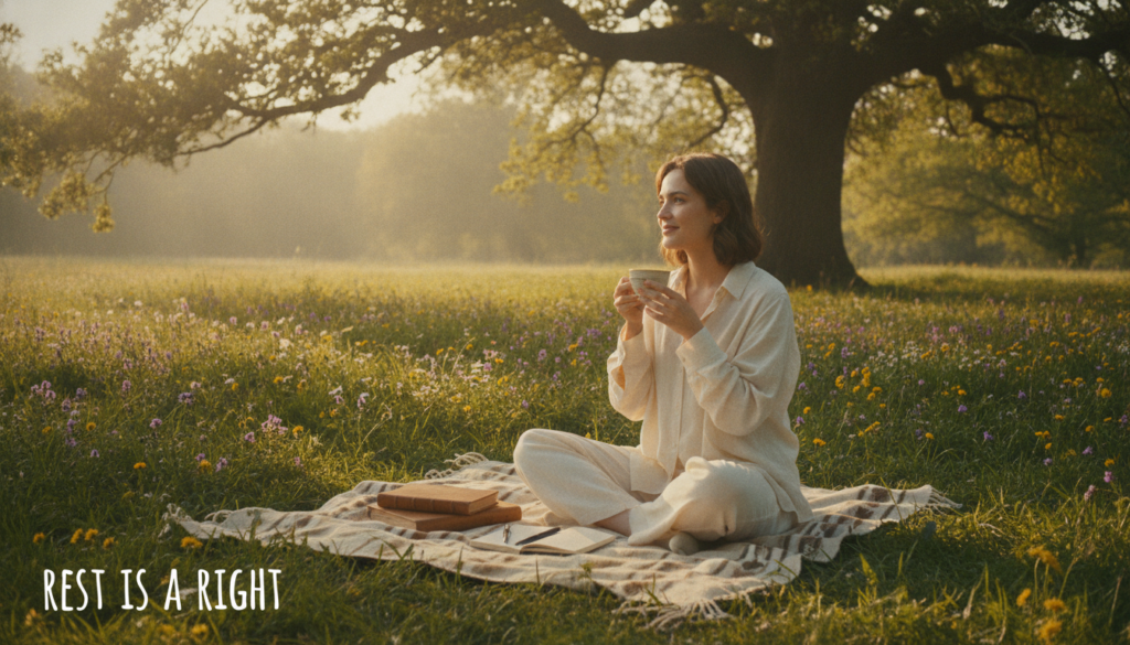 A serene peaceful scene depicting a person enjoying a moment of relaxation, sitting comfortably in a sunlit park with lush green grass and blooming flowers. The foreground features a person dressed in casual, modest clothing, smiling gently while sipping tea, embodying tranquility. In the middle ground, a cozy blanket is spread out, surrounded by a few books, symbolizing leisure and mental ease. The background includes a soft-focus view of trees and gentle sunlight filtering through the leaves, creating dappled shadows. Warm, golden hour lighting bathes the scene, evoking a feeling of calm and contentment. The overall mood is one of lightness and serenity, representing the idea that rest is a fundamental right.