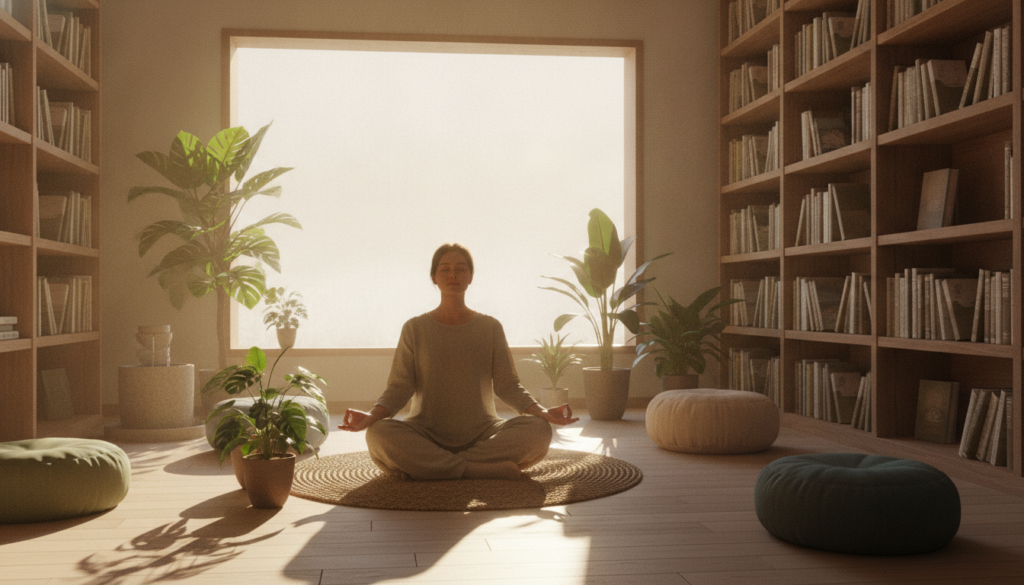 A serene room designed for mindful meditation, emphasizing focus and conscious boredom. In the foreground, a person dressed in comfortable, modest casual clothing sits cross-legged on a soft mat, facing slightly towards the viewer, eyes closed in deep concentration. Surrounding them are calming elements like potted plants and soft cushions for a cozy ambiance. In the middle, a gentle stream of warm, diffused sunlight filters through a large window, casting soft shadows across the space. In the background, shelves filled with books on mindfulness and focus create a tranquil setting. The overall mood is peaceful and introspective, inviting viewers to connect with their own mental habits for enhancing attention. A serene room designed for mindful meditation, emphasizing focus and conscious boredom. In the foreground, a person dressed in comfortable, modest casual clothing sits cross-legged on a soft mat, facing slightly towards the viewer, eyes closed in deep concentration. Surrounding them are calming elements like potted plants and soft cushions for a cozy ambiance. In the middle, a gentle stream of warm, diffused sunlight filters through a large window, casting soft shadows across the space. In the background, shelves filled with books on mindfulness and focus create a tranquil setting. The overall mood is peaceful and introspective, inviting viewers to connect with their own mental habits for enhancing attention.
