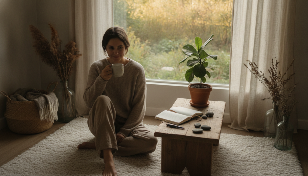 A serene scene depicting a cozy corner of a tranquil home reflecting the concept of slowing down and respecting one's own rhythms. In the foreground, a person in comfortable, modest clothing sits cross-legged on a soft rug, sipping herbal tea. They appear relaxed, with a gentle smile, surrounded by nature-inspired decor. In the middle ground, a wooden coffee table holds an open journal and a potted plant, symbolizing reflection and growth. In the background, a window reveals a peaceful garden bathed in warm, natural light, creating an inviting atmosphere. The mood is calm and introspective, with soft, diffused lighting enhancing the sense of serenity. The angle should be slightly above eye-level, capturing both the individual and the surrounding tranquility.