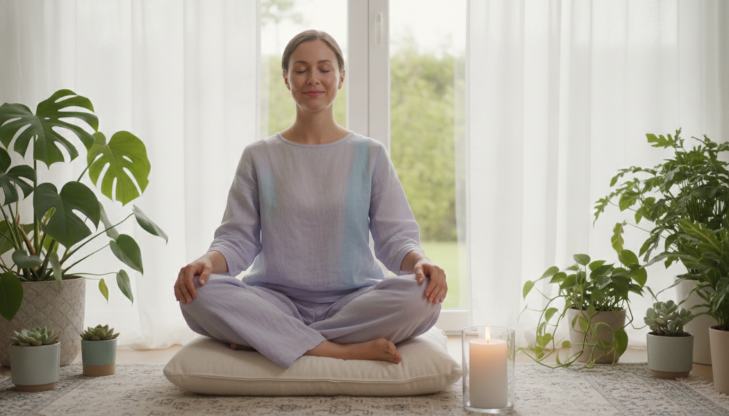 A serene scene depicting a peaceful indoor environment that embodies self-compassion and self-esteem. In the foreground, a person sitting cross-legged on a cozy meditation mat, dressed in modest casual clothing, with a gentle smile and closed eyes, radiating calmness. In the middle, a softly glowing candle emits warm, inviting light, casting flickering shadows around the room. Surrounding the person are lush indoor plants, contributing to a sense of tranquility. The background features a large window with sheer curtains, allowing soft, natural light to filter in, creating an airy atmosphere. The overall composition is harmonious, with a color palette of soft pastels to evoke feelings of warmth and positivity, inviting viewers to embrace self-love and reflection.
