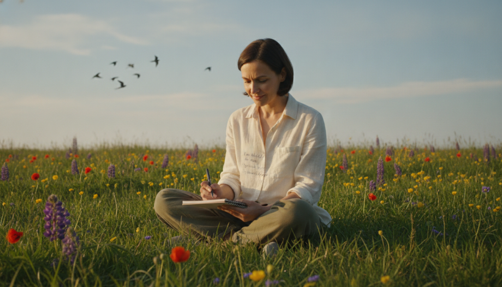 A serene scene depicting a person practicing gratitude in a peaceful outdoor setting. In the foreground, a woman in modest casual clothing sits cross-legged on a grassy meadow, gazing thoughtfully at a small notepad filled with positive affirmations. Her expression is contemplative yet joyful. In the middle ground, vibrant wildflowers bloom under soft sunlight. Birds are gently flying in the background, while a clear blue sky stretches above, enhancing the peaceful atmosphere. The lighting is warm and inviting, capturing the essence of a late afternoon sun. The overall mood is uplifting and tranquil, evoking feelings of gratitude and reflection.