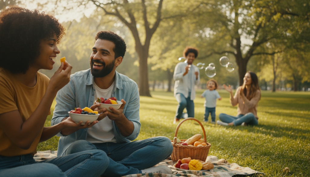 A serene scene illustrating the concept of "savoring" with a diverse group of people enjoying a moment together in a lush park. In the foreground, two friends sit on a picnic blanket, savoring delicious fruits, smiling and engaged in deep conversation. The middle ground features a small family playing nearby, their laughter echoing as they chase bubbles in the soft sunlight. In the background, tall trees sway gently in a light breeze, with dappled sunlight filtering through the leaves, creating a warm and inviting atmosphere. Capture the joy and mindfulness of the moment, emphasizing vibrant colors with a soft focus on the faces, using a shallow depth of field. The scene should evoke a sense of calm, happiness, and connection with nature.
