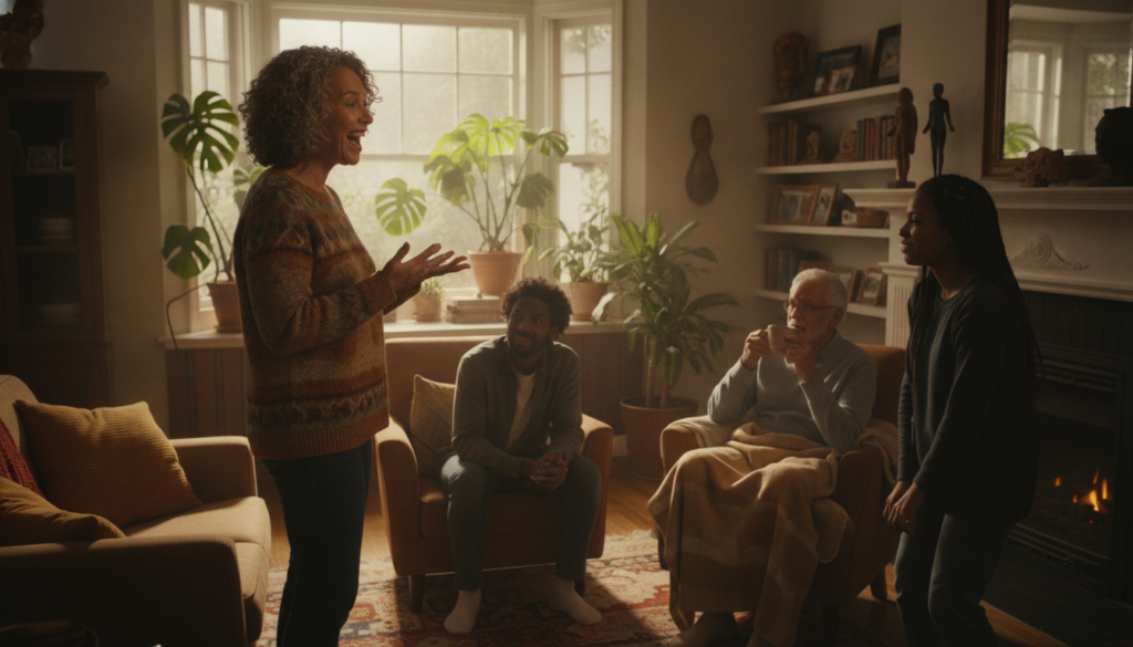 A serene, warm-toned scene depicting a group of diverse people in a cozy, comfortable living room, engaged in deep conversation and laughter, symbolizing emotional well-being and lasting connections. In the foreground, a middle-aged woman in modest casual clothing shares a heartfelt story, her expression joyful and animated. In the middle ground, two young adults lean in attentively, a warm light illuminating their faces, while an elderly man nearby nods in understanding, holding a cup of tea. Soft, natural light streams through large windows in the background, surrounded by houseplants and personal mementos, creating an inviting and harmonious atmosphere. The focus is on genuine connection, trust, and support among friends, conveying a sense of belonging and emotional strength in the scene.