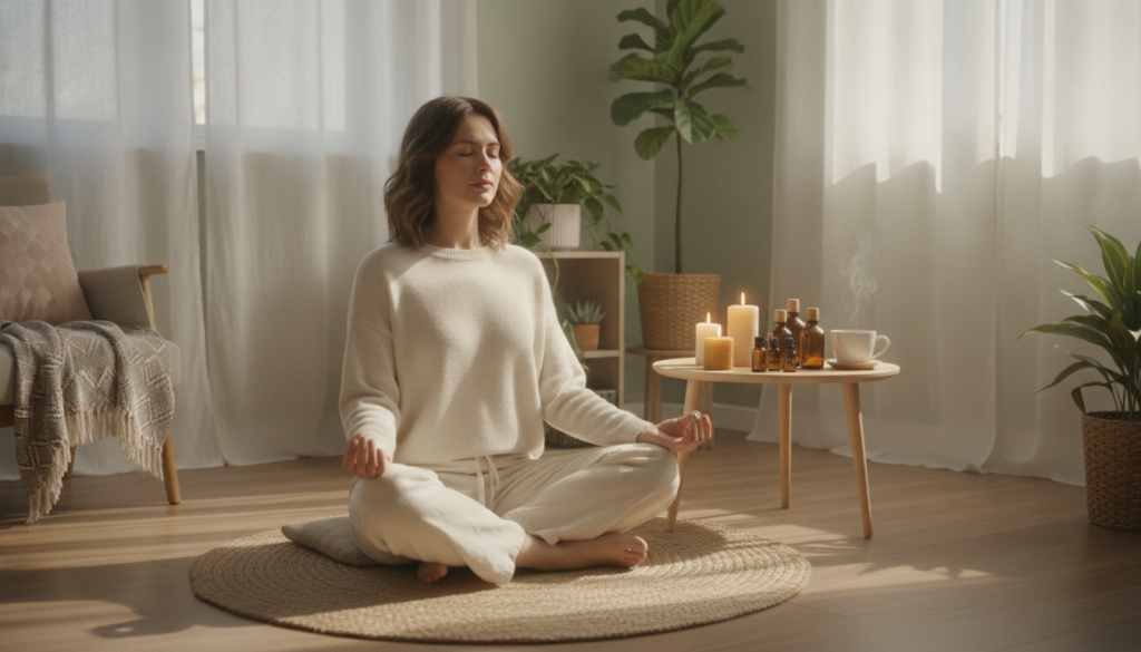 A serene wellness scene depicting a self-care routine, featuring a cozy, well-lit room. In the foreground, a person in modest casual clothing sits cross-legged on a soft yoga mat, engaging in mindfulness meditation. Soft natural light filters through sheer curtains, casting gentle shadows. In the middle ground, a small table holds candles, essential oils, and a steaming cup of herbal tea, suggesting relaxation and tranquility. In the background, a few potted plants add a touch of nature, enhancing the calming atmosphere. The color palette consists of soft pastels and earthy tones, evoking a sense of peacefulness and balance. The overall mood is one of tranquility and self-nurturing, representing the idea of maintaining lightness in daily life.