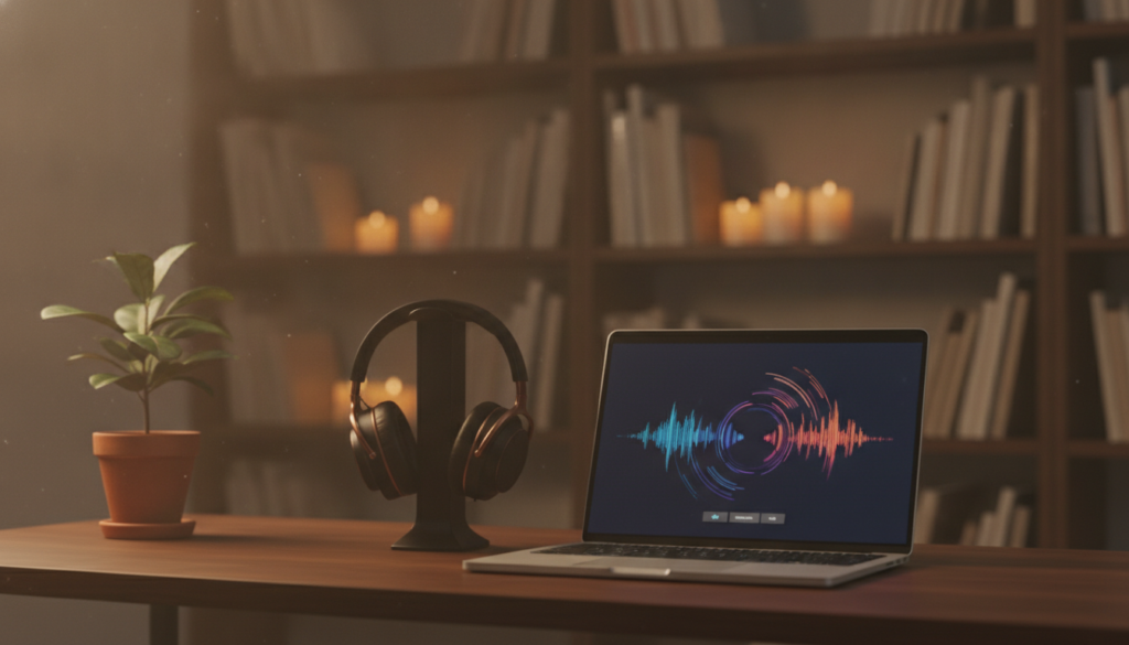 A serene workspace bathed in soft, ambient light creates an ideal backdrop for concentration. In the foreground, a stylish desk with a sleek laptop displays a vibrant music visualization interface, pulsating with sound waves. Nearby, a pair of high-quality headphones rests, symbolizing the strategic use of music for focus. In the middle ground, a small indoor plant adds a touch of nature, promoting a calming atmosphere. The background features a blurred bookshelf filled with inspiring literature and softly glowing candles, enhancing the peaceful vibe. Capture this scene with a soft focus lens, emphasizing warm, inviting tones that invoke a sense of tranquility and deep concentration, free from distractions. A serene workspace bathed in soft, ambient light creates an ideal backdrop for concentration. In the foreground, a stylish desk with a sleek laptop displays a vibrant music visualization interface, pulsating with sound waves. Nearby, a pair of high-quality headphones rests, symbolizing the strategic use of music for focus. In the middle ground, a small indoor plant adds a touch of nature, promoting a calming atmosphere. The background features a blurred bookshelf filled with inspiring literature and softly glowing candles, enhancing the peaceful vibe. Capture this scene with a soft focus lens, emphasizing warm, inviting tones that invoke a sense of tranquility and deep concentration, free from distractions.