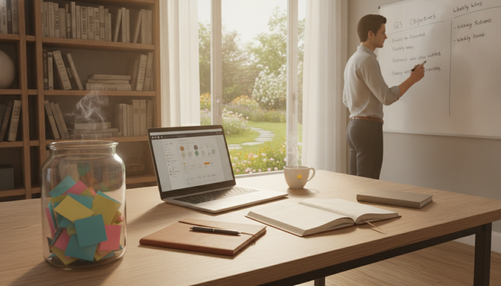A serene workspace bathed in soft, natural light, featuring a beautifully organized desk with a laptop, notepad, and a cup of steaming tea. In the foreground, a clear glass jar filled with colorful sticky notes symbolizes micro-goals. The middle ground shows a focused individual in business attire, intently writing goals on a whiteboard. The background consists of a cozy bookshelf filled with motivational books, and a large window offering a view of a tranquil garden, enhancing the peaceful atmosphere. Capture this scene from a slightly elevated angle, emphasizing clarity and focus, with a warm color palette to create a productive, inspiring mood. A serene workspace bathed in soft, natural light, featuring a beautifully organized desk with a laptop, notepad, and a cup of steaming tea. In the foreground, a clear glass jar filled with colorful sticky notes symbolizes micro-goals. The middle ground shows a focused individual in business attire, intently writing goals on a whiteboard. The background consists of a cozy bookshelf filled with motivational books, and a large window offering a view of a tranquil garden, enhancing the peaceful atmosphere. Capture this scene from a slightly elevated angle, emphasizing clarity and focus, with a warm color palette to create a productive, inspiring mood.