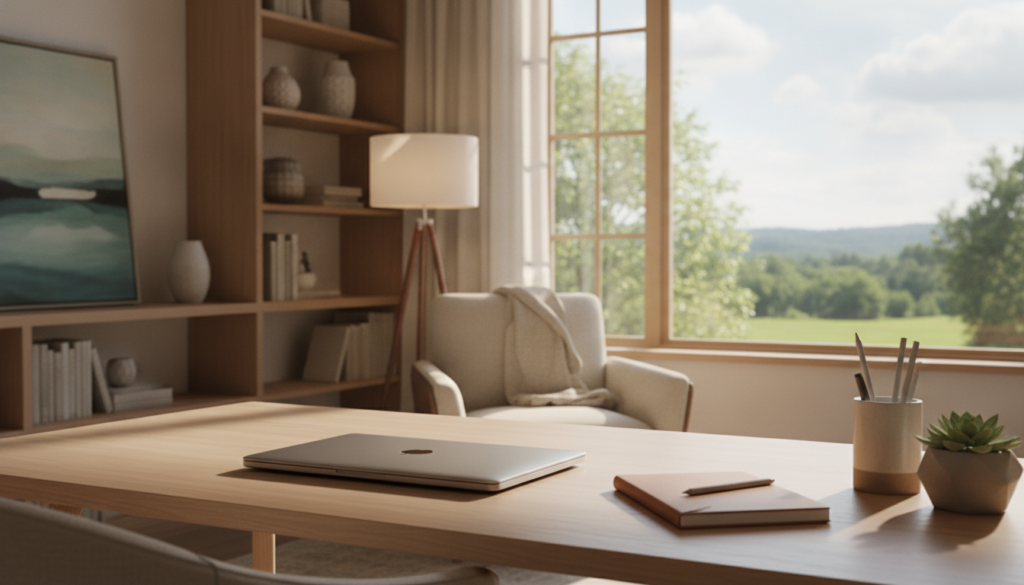 A serene workspace designed to reduce digital distractions. In the foreground, a clean wooden desk adorned with minimalistic stationery, a potted plant, and a closed laptop. The middle ground features a comfortable chair and soft ambient lighting, creating a cozy atmosphere. Natural light streams in through a large window, revealing a tranquil view of greenery outside. In the background, shelves lined with thoughtfully curated books and a calming piece of abstract art on the wall. The scene conveys a sense of focus and tranquility, emphasizing a digital detox. The overall mood is peaceful and organized, inviting productivity and mindfulness. A serene workspace designed to reduce digital distractions. In the foreground, a clean wooden desk adorned with minimalistic stationery, a potted plant, and a closed laptop. The middle ground features a comfortable chair and soft ambient lighting, creating a cozy atmosphere. Natural light streams in through a large window, revealing a tranquil view of greenery outside. In the background, shelves lined with thoughtfully curated books and a calming piece of abstract art on the wall. The scene conveys a sense of focus and tranquility, emphasizing a digital detox. The overall mood is peaceful and organized, inviting productivity and mindfulness.