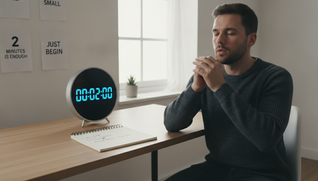 A serene workspace featuring a clean desk with a minimalist design, where a clock shows the time in a two-minute countdown prominently. In the foreground, a person dressed in a smart casual outfit is seen taking a deep breath and preparing to start a task, reflecting determination despite the lack of motivation. The middle ground includes a planner opened with a simple checklist, highlighting the concept of minimal actions. The background features soft, natural lighting coming through a window, illuminating motivational quotes on the wall. A sense of calm yet energized atmosphere permeates the scene, suggesting action and productivity. The composition should be inviting, focusing on clarity and simplicity to convey the "two-minute rule" effectively.