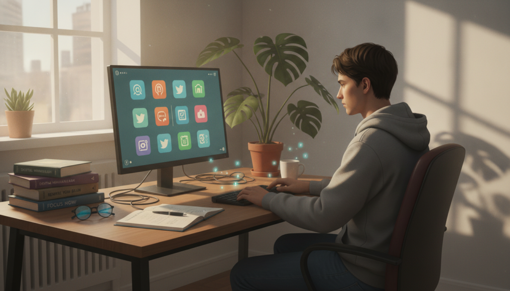 A serene workspace illustrating the struggle with digital addiction. In the foreground, a person in modest casual clothing sits at a desk, gazing thoughtfully at a computer screen filled with social media icons, while a smartphone lies beside them, notifications buzzing. The middle ground features a cluttered, yet organized desk with books on self-improvement and technology, reflecting a conscious effort to manage screen time. In the background, soft natural light streams in through a window, illuminating a plant that symbolizes growth and mindfulness. The overall atmosphere conveys a sense of calm introspection and the challenge of balancing technology usage with self-discipline, inviting viewers to reflect on their own digital habits. A serene workspace illustrating the struggle with digital addiction. In the foreground, a person in modest casual clothing sits at a desk, gazing thoughtfully at a computer screen filled with social media icons, while a smartphone lies beside them, notifications buzzing. The middle ground features a cluttered, yet organized desk with books on self-improvement and technology, reflecting a conscious effort to manage screen time. In the background, soft natural light streams in through a window, illuminating a plant that symbolizes growth and mindfulness. The overall atmosphere conveys a sense of calm introspection and the challenge of balancing technology usage with self-discipline, inviting viewers to reflect on their own digital habits.