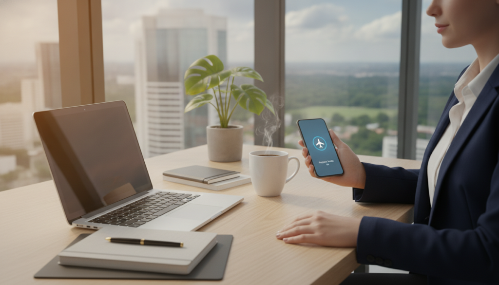A serene workspace scene depicting a modern office with a stylish desk and a sleek laptop. In the foreground, a person in professional attire, focused and calm, is gently pressing the "airplane mode" button on their smartphone, indicating a commitment to digital detox. The middle ground features a well-organized workspace, with a plant, notebooks, and a steaming cup of coffee, all bathed in soft, natural light streaming in from a large window. In the background, a peaceful view of a city skyline can be seen, heightening the sense of focus and productivity. The overall mood is tranquil and inspiring, encouraging a sense of mindfulness and clarity in the pursuit of improved concentration and mental well-being. A serene workspace scene depicting a modern office with a stylish desk and a sleek laptop. In the foreground, a person in professional attire, focused and calm, is gently pressing the "airplane mode" button on their smartphone, indicating a commitment to digital detox. The middle ground features a well-organized workspace, with a plant, notebooks, and a steaming cup of coffee, all bathed in soft, natural light streaming in from a large window. In the background, a peaceful view of a city skyline can be seen, heightening the sense of focus and productivity. The overall mood is tranquil and inspiring, encouraging a sense of mindfulness and clarity in the pursuit of improved concentration and mental well-being.