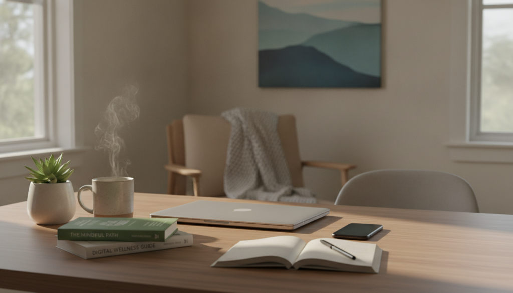 A serene workspace scene depicting a well-organized desk with a laptop closed and a smartphone turned face down, symbolizing a break from digital distractions. In the foreground, a potted plant and a steaming cup of herbal tea convey a sense of relaxation and mindfulness. The middle ground features open books on mental wellness, promoting reflection and self-care. Soft, natural lighting from a nearby window bathes the scene in warm hues, creating an inviting atmosphere. The background showcases a peaceful room with calming artwork, emphasizing tranquility. This composition evokes feelings of serenity and balance, reinforcing the importance of reducing harmful online content for mental health.