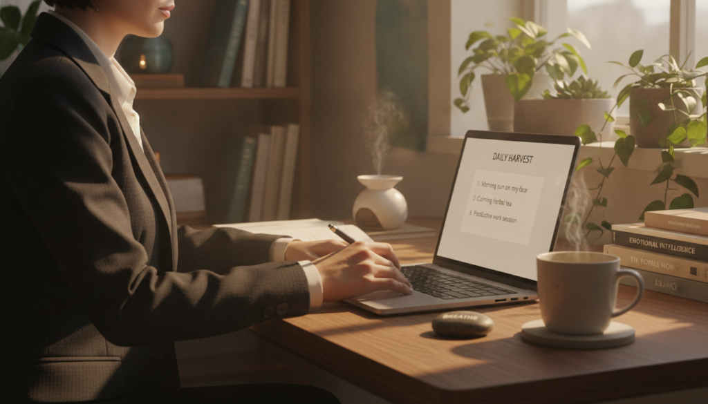 A serene workspace scene depicting mindfulness and emotional regulation, featuring a person in professional business attire seated at a beautifully organized desk. The foreground showcases a glowing laptop screen displaying a gratitude journal, with a steaming cup of herbal tea. In the middle, soft sunlight filters through a window lined with green plants, creating a calming atmosphere. The background features a softly blurred bookshelf filled with psychology texts and calming artwork. The overall mood is peaceful and reflective, emphasizing stress relief and emotional balance. The lighting is warm and inviting, capturing the essence of tranquility and focus in a nurturing environment.