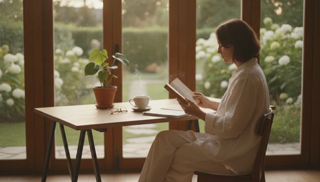 A serene workspace scene focusing on a person sitting peacefully at a minimalist desk, surrounded by nature. The foreground features a person, dressed in comfortable, modest clothing, engaged in mindful activities like reading a book and writing on a notepad. The middle ground displays a clutter-free desk with a few essential items, such as a potted plant and a cup of herbal tea, symbolizing simplicity. In the background, large windows let in soft, natural light, revealing a tranquil garden. The overall mood conveys calmness and presence, emphasizing the importance of reducing digital consumption and information noise in daily life. Soft, warm lighting enhances the relaxing atmosphere, captured with a soft focus lens effect to create a cozy, inviting feel.