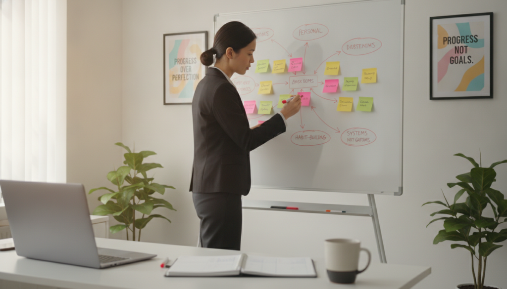 A serene workspace scene, showcasing a person in professional business attire, focused on a large whiteboard filled with colorful sticky notes and diagrams representing personal habit systems and goals. In the foreground, a well-organized desk with a laptop, a planner, and a cup of coffee. In the middle, the figure actively writing on the whiteboard, surrounded by a warm glow of soft, natural light coming from a large window. The background features a minimalist office space with plants and motivational posters. The mood is positive and inspiring, emphasizing determination and clarity in goal setting and habit formation. The composition highlights the importance of systems over mere goals, encouraging a sense of progression and focus.