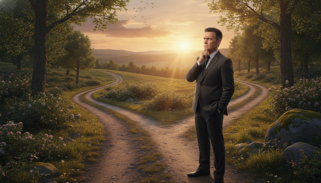 A thoughtful person stands at a crossroads, symbolizing the courage to make important decisions. In the foreground, a mid-aged individual wearing professional business attire, with a contemplative expression, gazes down one of the paths. The middle ground features two diverging paths surrounded by lush greenery, symbolizing choices. The background showcases a beautiful sunrise, casting a warm golden light that creates an uplifting atmosphere. Soft shadows enhance the sense of depth and perspective. The overall mood is inspiring and hopeful, capturing the essence of bravery and clarity in decision-making. The scene is framed with a slight tilt, conveying a dynamic sense of movement and possibility, encouraging the viewer to embrace bold choices.