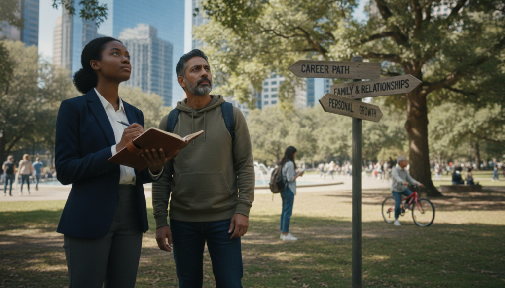 A thoughtful scene depicting personal responsibility in decision-making, featuring a diverse group of four individuals in a modern urban park setting. In the foreground, a confident young woman in professional attire stands with a notebook, contemplating choices. Beside her, a middle-aged man in casual clothing gazes at a crossroads sign, symbolizing decisions. The background showcases a vibrant cityscape with trees and people engaging in various activities, emphasizing community and connection. Soft, natural daylight filters through the leaves, casting gentle shadows on the ground. The mood is contemplative and empowering, inviting viewers to reflect on their own choices and the consequences they bring. Use a wide-angle perspective to capture the depth and complexity of the scene.