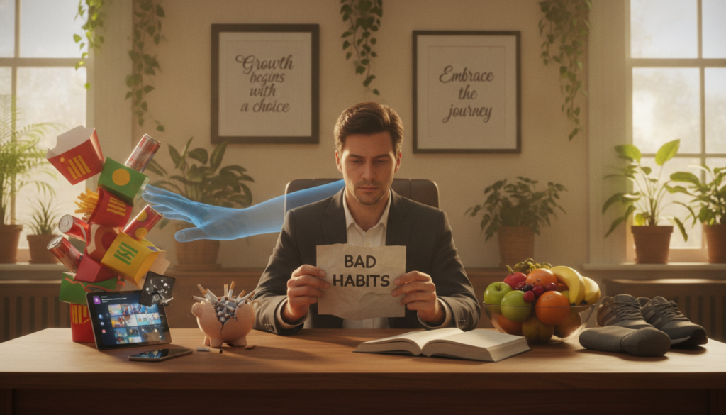 A thoughtful scene depicting the theme of breaking bad habits and fostering behavioral change. In the foreground, a person in professional business attire is sitting at a desk, looking contemplative while holding a crumpled piece of paper representing bad habits. In the middle ground, various symbols of harmful habits, like junk food and excessive screen time, are metaphorically being replaced by healthier alternatives, such as a bowl of fruits and a book. The background showcases a light-filled room with plants and motivational quotes on the walls, creating an uplifting atmosphere. Soft, natural lighting bathes the scene, enhancing a sense of hope and determination. The angle is slightly elevated, giving a clear view of the transformation taking place. Overall, the mood is introspective yet optimistic, emphasizing personal growth and change.