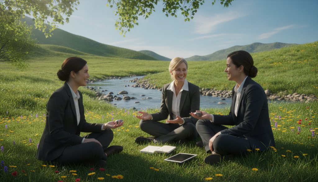 A tranquil scene depicting strategies for cultivating lasting lightness, featuring a serene outdoor environment. In the foreground, a diverse group of three individuals in professional business attire is engaged in a harmonious group discussion, seated on a grassy area adorned with colorful wildflowers. In the middle ground, a gentle stream flows, symbolizing fluidity and ease, while sunlight filters through the leaves, casting soft dapples of light. The background showcases a clear blue sky and distant, softly rolling hills, evoking a sense of openness and calm. This composition conveys a mood of positivity, encouragement, and balance, perfectly reflecting the concept of enduring lightness in mental well-being.