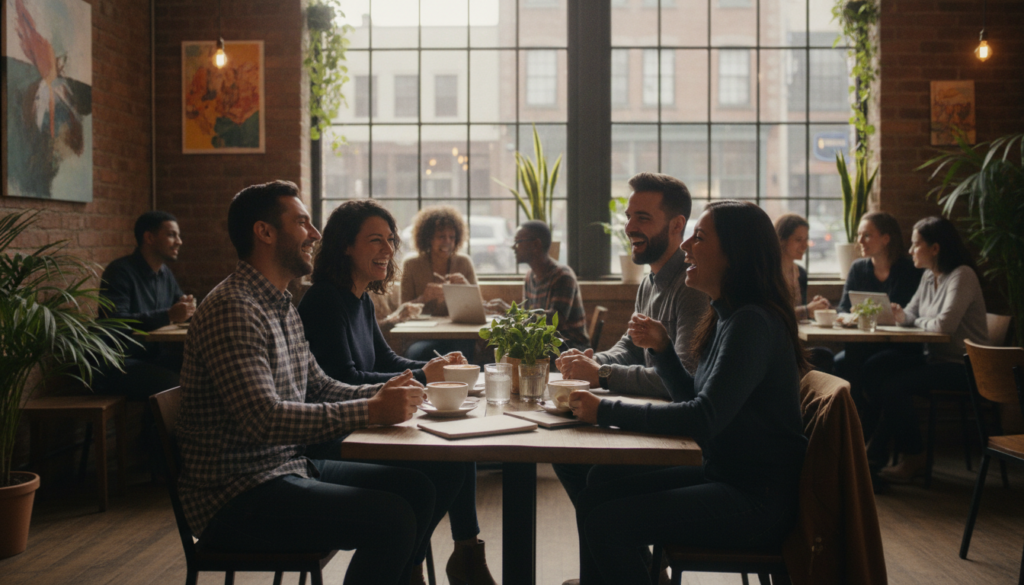A vibrant, engaging scene depicting a diverse group of people gathered in a cozy urban café, fostering connections and friendship. In the foreground, two men and two women are engaged in lively conversation, smiling and gesturing animatedly, dressed in smart casual attire. In the middle ground, additional individuals converse in smaller groups, sharing laughter and warmth, with coffee cups and laptops on the tables. The background features large windows allowing natural light to flood the space, creating a welcoming atmosphere. Soft, warm lighting enhances the sense of community and connection, while plants and art on the walls add a touch of creativity and comfort. The overall mood is joyful and inviting, encapsulating the essence of building a social circle.