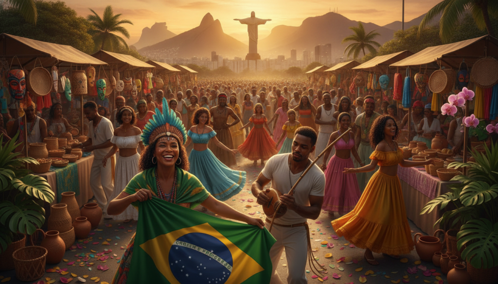 A vibrant street scene in Brazil during a cultural festival, showcasing a diverse group of people dressed in both traditional and modern attire, symbolizing the rich tapestry of Brazilian identity and belonging. In the foreground, a woman holding a Brazilian flag, exuding pride and joy, while beside her, a man plays a berimbau, representing Afro-Brazilian heritage. The middle ground features local artisans displaying colorful crafts, with lush tropical plants interspersed, highlighting the natural beauty of the landscape. In the background, the iconic skyline of a Brazilian city under a golden sunset, casting warm light over the scene. The mood is celebratory and inspiring, inviting viewers to reflect on the essence of Brazilian identity and the significance of belonging. The angle captures both the spontaneity of the festival and the depth of cultural connections.