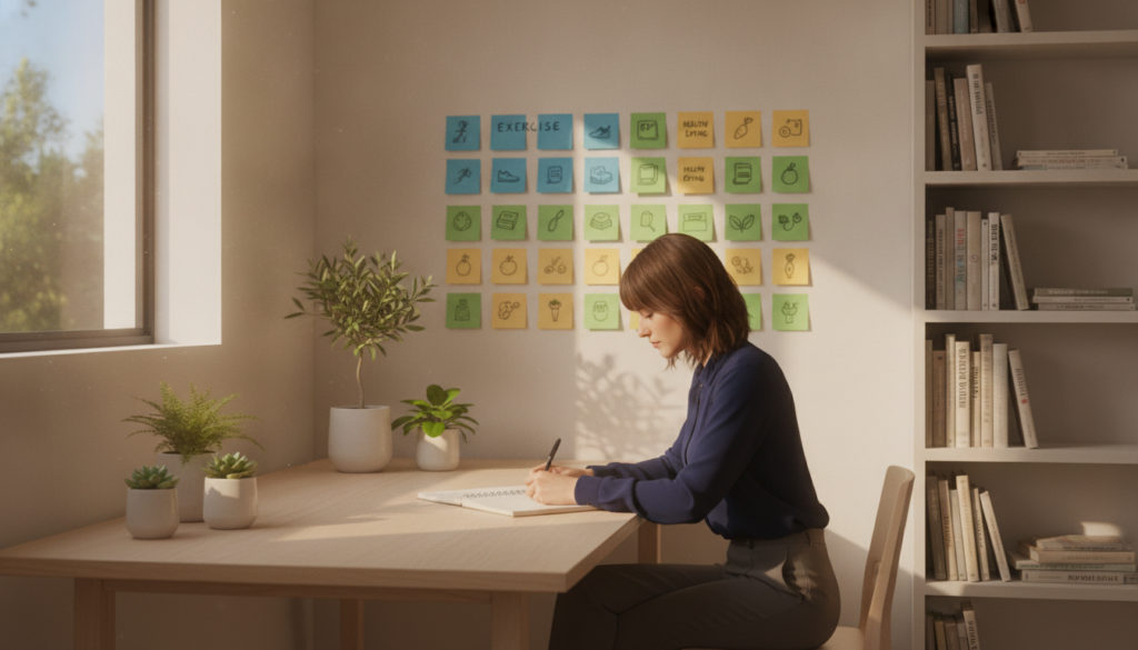 A visually engaging scene depicting "visual triggers for creating habits". In the foreground, a modern workspace featuring a clean desk with a notebook and a pen, surrounded by potted plants symbolizing growth and positive change. The middle layer includes a wall adorned with colorful sticky notes illustrating various habits, such as exercise, reading, and healthy eating. Soft sunlight filters through a large window, casting warm, inviting light across the space, creating an atmosphere of focus and motivation. In the background, a bookshelf filled with inspiring books adds depth, while a person in professional attire writes in the notebook, visualizing their goals. The angle is slightly elevated to capture the entire scene comfortably, ensuring a serene and uplifting vibe that encourages habit formation.