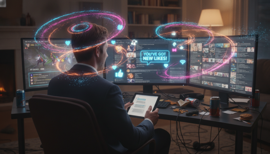 A visually striking representation of "digital dopamine symptoms" showcases a modern individual sitting at a cluttered workspace, surrounded by multiple screens displaying social media notifications and gaming graphics. In the foreground, the person, dressed in professional business attire, appears overwhelmed yet transfixed by the bright, colorful screens before them. The middle layer features an array of digital distractions, such as flashy notifications and swirling icons that represent the constant influx of information. The background depicts a blurred room with soft, warm lighting, creating a contrast between the vibrant screens and the dim environment. The overall mood reflects a sense of urgency and distraction, conveying the impact of digital dopamine on focus and attention. A visually striking representation of "digital dopamine symptoms" showcases a modern individual sitting at a cluttered workspace, surrounded by multiple screens displaying social media notifications and gaming graphics. In the foreground, the person, dressed in professional business attire, appears overwhelmed yet transfixed by the bright, colorful screens before them. The middle layer features an array of digital distractions, such as flashy notifications and swirling icons that represent the constant influx of information. The background depicts a blurred room with soft, warm lighting, creating a contrast between the vibrant screens and the dim environment. The overall mood reflects a sense of urgency and distraction, conveying the impact of digital dopamine on focus and attention.