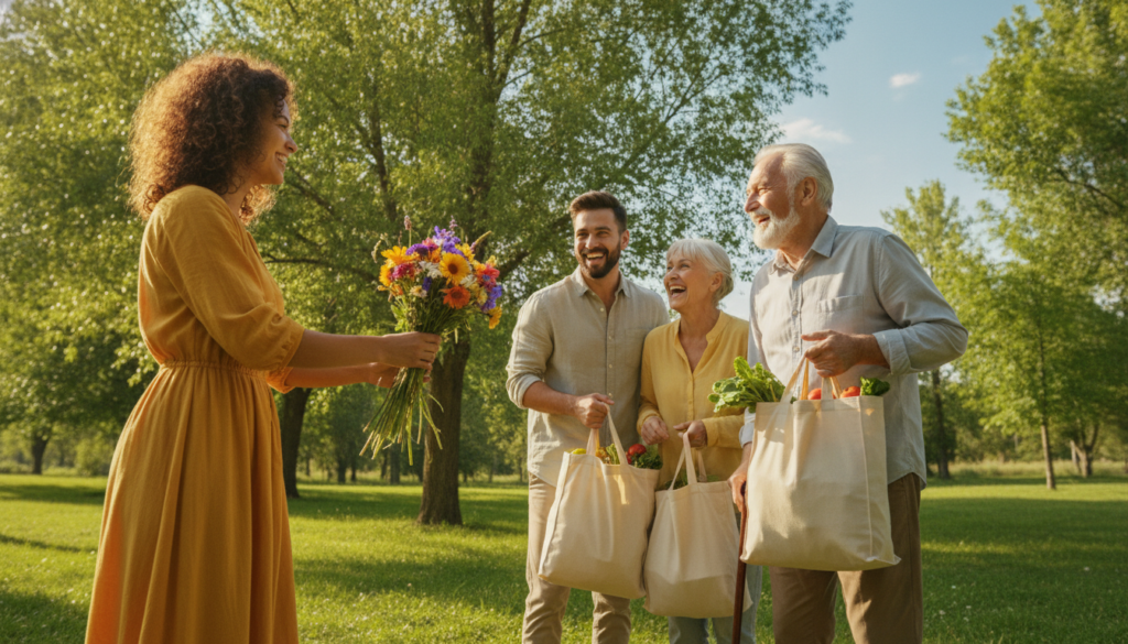 A warm and inviting scene depicting a diverse group of four adults engaged in an act of kindness in a sunlit park. In the foreground, two individuals, one offering flowers and the other receiving them with a joyful smile, embody the spirit of connection. In the middle ground, a couple is sharing a laugh while helping an elderly neighbor carry groceries. The lush green trees sway gently in the background under a clear blue sky, enhancing the feeling of community. Soft, natural lighting bathes the scene, highlighting the sincere expressions of happiness and camaraderie. The atmosphere is uplifting and heartwarming, encapsulating the essence of human kindness and connection without any distractions.