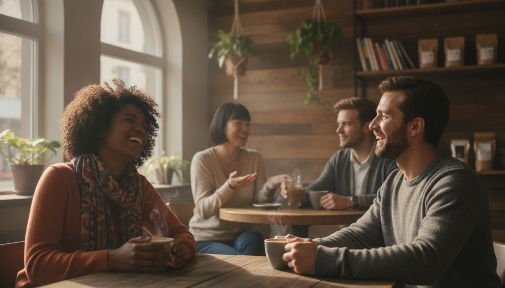 A warm and inviting scene showing a diverse group of four friends reconnecting in a cozy café. In the foreground, two friends, a Black woman and a Hispanic man, are sharing a heartfelt laugh over coffee, wearing casual yet smart clothing. The middle ground features a smiling Asian woman and a Caucasian man, engaged in conversation at a nearby table, emphasizing camaraderie and genuine connection. Soft, natural light streams through large windows, creating a friendly ambiance. The background includes warm wood accents and greenery, enhancing the atmosphere of belonging and comfort. The overall mood is joyful and nostalgic, reflecting the themes of true friendship and social belonging, with a slight bokeh effect to emphasize the subjects.