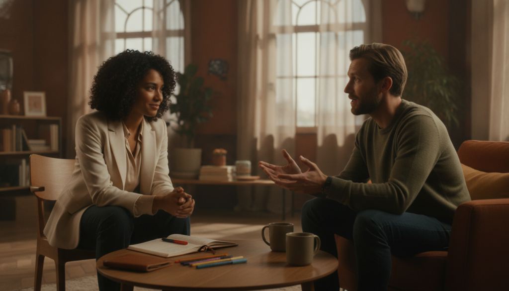 A warm, inviting office setting captures two diverse individuals engaged in active listening. In the foreground, a woman in professional business attire nods attentively, her expression focused and encouraging. Opposite her, a man in modest casual clothing articulates his thoughts, illustrating effective communication. In the middle ground, a small coffee table holds a notebook and pens, symbolizing collaboration. The background features soft, diffused lighting filtering through large windows, casting gentle shadows and creating a relaxed atmosphere. The color palette consists of earthy tones, enhancing a feeling of warmth and connection. The scene is framed with a slightly shallow depth of field, emphasizing the subjects while subtly blurring the background elements, evoking a sense of intimacy in their conversation.
