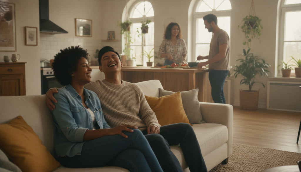 A warm, inviting scene depicting a diverse group of individuals engaged in a heartfelt conversation within a cozy living room. In the foreground, two friends, one of Asian descent and the other Black, share a joyful laugh while seated comfortably on a plush sofa, both dressed in modest casual clothing. In the middle, a couple of Hispanic and Caucasian descent are exchanging smiles while preparing a meal together in the kitchen area, illustrating cooperation and teamwork. The background features soft, natural light streaming through large windows adorned with houseplants, creating a serene atmosphere. The overall mood is positive and supportive, showcasing the essence of healthy relationships through connection, gratitude, and warmth.