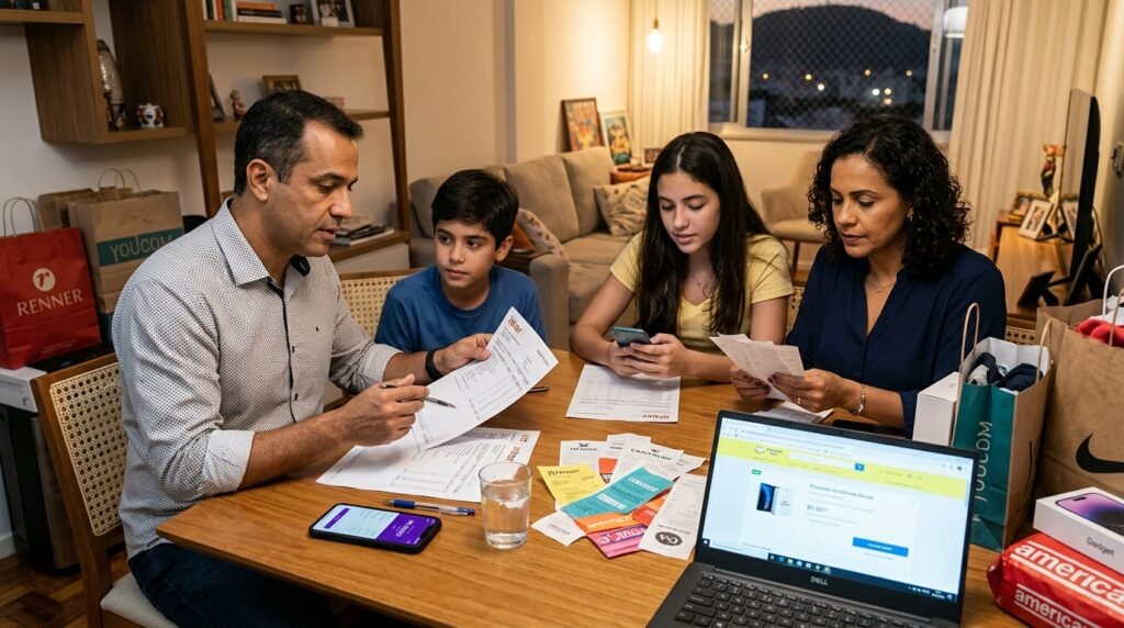 A Brazilian family gathered around a dining table, reviewing credit card statements after a day of shopping. The scene shows a father in a smart casual shirt, a mother dressed elegantly but casually, and two children, one teenage girl and one pre-teen boy, all focused and engaged. The foreground features the family members examining a mix of receipts and digital statements. In the middle, a laptop with the shopping website open is visible, surrounded by shopping bags filled with clothes and gadgets. The background reveals a cozy, well-lit living room with warm tones, and a window with soft evening light streaming in. The mood is reflective and thoughtful, emphasizing the importance of conscious consumption and financial awareness.