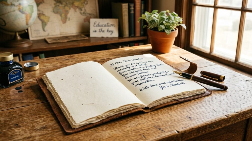 A beautifully arranged scene featuring an open notebook resting on a rustic wooden desk, the pages filled with elegant, handwritten phrases honoring a beloved teacher. The notebook has a soft leather cover, and you can see a fountain pen lying beside it, its ink bottle partially in frame. Sunlight streams through a nearby window, casting gentle shadows and creating a warm, inviting atmosphere. In the background, there are faded educational materials and a small potted plant, adding to the scholarly feel. The composition focuses on the notebook and pen, emphasizing the personal connection between teachers and their impact on students. The overall mood is heartfelt and inspiring, suggesting the power of words to honor educators.