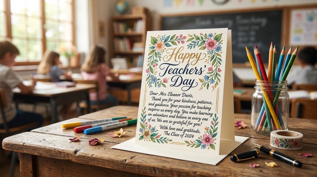 A beautifully crafted handwritten card for Teachers' Day, featuring heartfelt messages of gratitude and inspiration. The card is elegantly placed on a wooden desk, surrounded by colorful stationery like pencils and markers, hinting at a creative atmosphere. In the foreground, the focus is on the card's intricate calligraphy and decorative elements, such as flowers and bright borders. The middle of the scene shows a softly blurred image of a classroom in the background, with light streaming through a nearby window, casting a warm glow on the card. The overall mood is warm, inviting, and reflective, emphasizing appreciation and the impact of teachers in shaping lives. Soft, diffused lighting enhances the intimate feel of the scene, encouraging a sense of connection and gratitude.