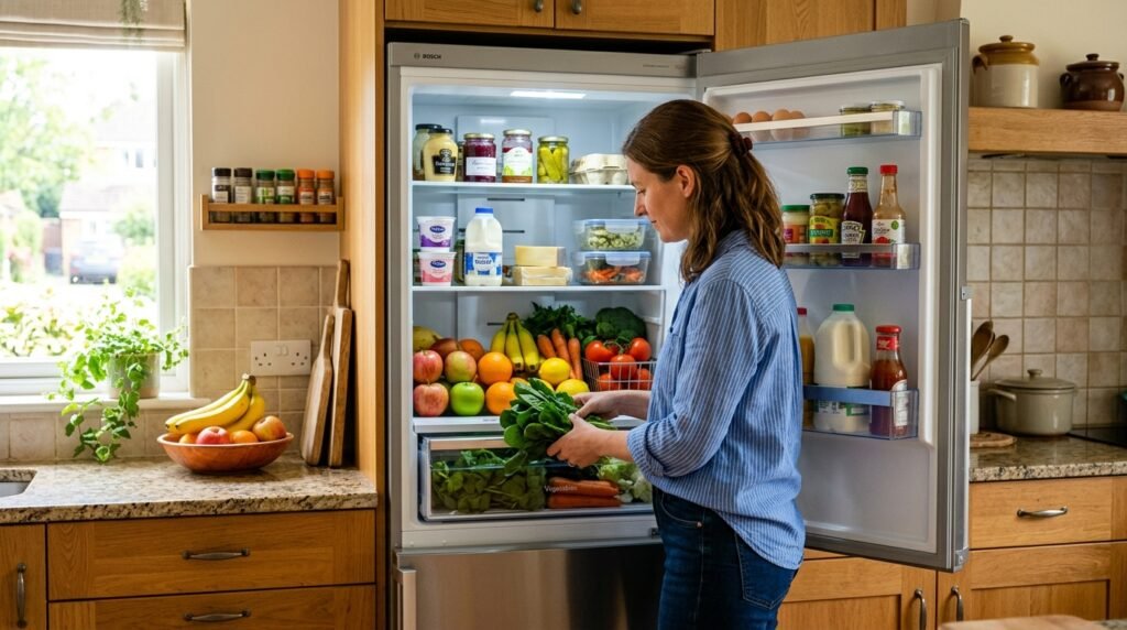 A brightly lit kitchen scene featuring an open refrigerator filled with a colorful assortment of fresh groceries. In the foreground, a variety of fruits like apples, bananas, and oranges, along with vegetables such as leafy greens and carrots, are being carefully placed inside the fridge by a person wearing modest casual clothing. The middle ground showcases organized shelves within the refrigerator, highlighting items like dairy products, condiments, and leftovers. In the background, the cozy kitchen is adorned with warm wooden cabinets and a subtle ambiance created by soft, natural daylight streaming in through a nearby window. The overall mood is one of mindful consumption and organization, encouraging a sense of conscious living and food management.
