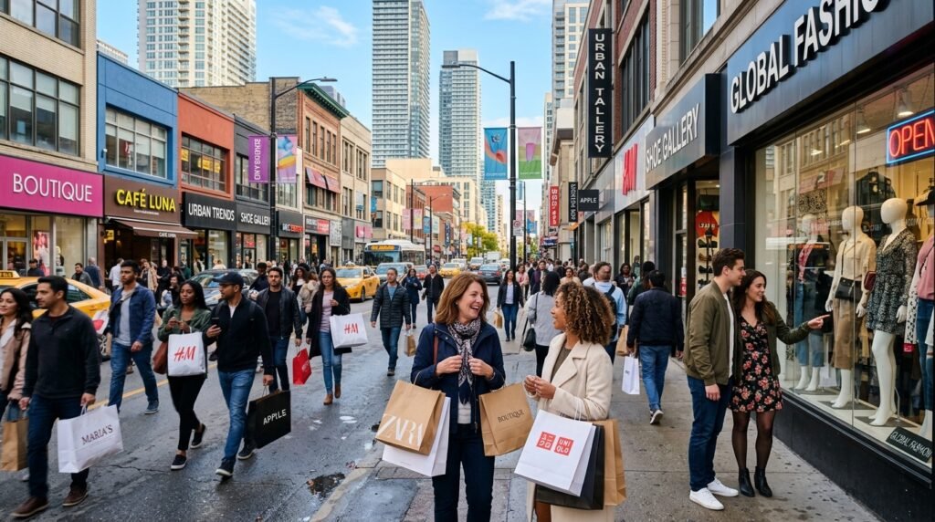 A bustling urban street filled with diverse individuals walking briskly, each carrying several shopping bags. In the foreground, a middle-aged woman in smart casual clothing smiles as she chats with a friend, while a young couple nearby examines a store window display. The middle ground features a mix of people of different ages and ethnicities, all engaged in shopping activities, with colorful storefronts lining the street. In the background, tall buildings under a clear blue sky reflect the vibrant energy of the day. Soft afternoon sunlight casts gentle shadows, enhancing the lively atmosphere of the scene. Captured with a slightly wide-angle lens to emphasize the depth of the street and movement of the crowd.