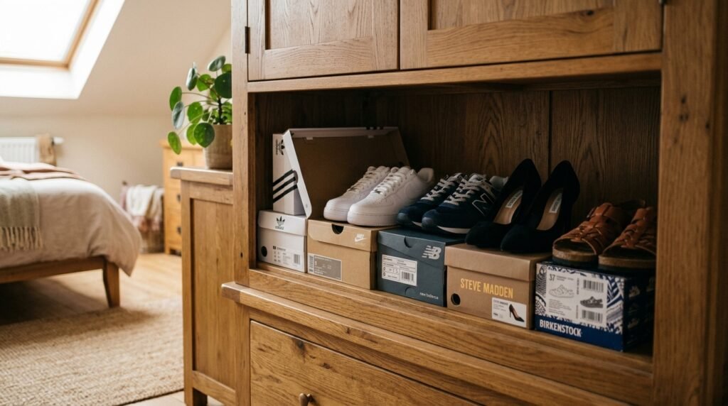 A close-up shot of a wooden wardrobe with a neatly arranged shelf displaying a variety of unworn shoes, including sneakers, heels, and sandals, each in their original boxes. Soft, ambient lighting cascades from above, casting gentle shadows that accentuate the textures of the shoes and the polished wood of the wardrobe. In the background, a faint glimpse of a cozy, well-organized room is visible, featuring a soft rug and potted plants, creating a warm and inviting atmosphere. The overall mood is one of reflection and contemplation, inviting viewers to consider the implications of unnecessary purchases. Aim for a slightly blurred depth of field to emphasize the shoes in the foreground while softly rendering the background details.